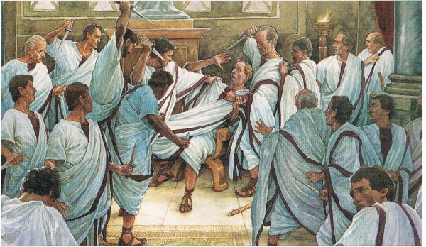 dibujo que representa el asesinato de Julio César en los idus de marzo del año 44 a. C.