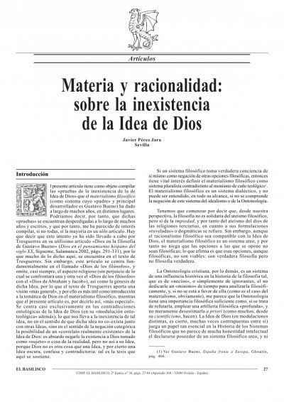 Javier Pérez Jara, Materia y racionalidad: sobre la inexistencia de la Idea de Dios