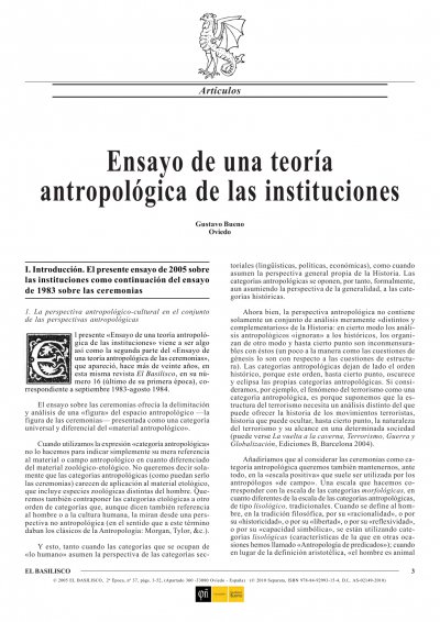 Gustavo Bueno, Ensayo de una teoría antropológica de las instituciones